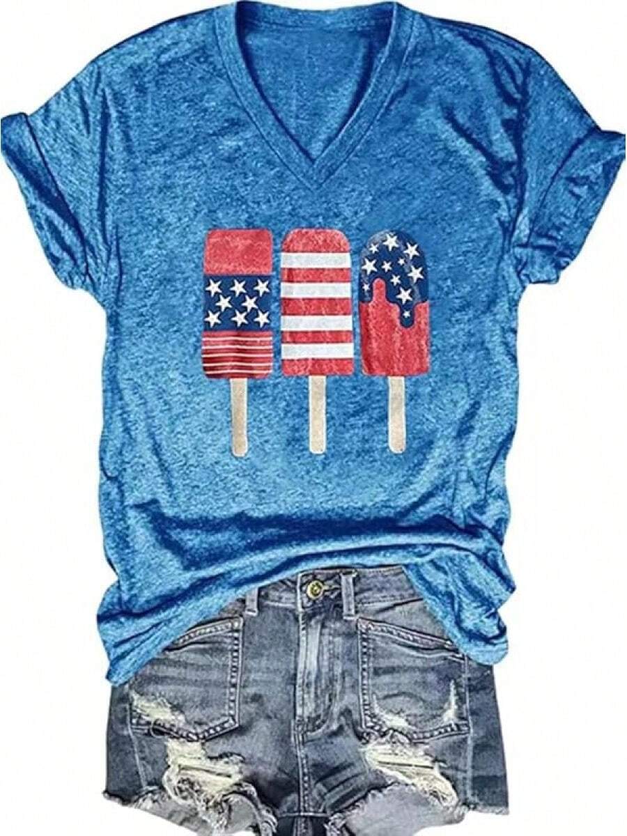 4th Of July V Neck Patriotic T-Shirts Women American Flag Print Faith Family Freedom Letter Casual Short Sleeve Tee Tops Halloween Christmas New Year - 藍色-2 - 查看 1