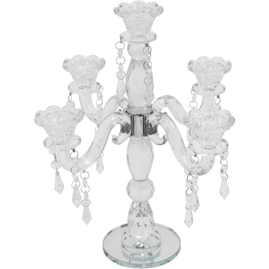 Crystal Candle Holder, Elegant 5-Arm Crystal Candelabra Candlestick Candle Holder, Multifunctional Tabletop Decoration Centerpiece For Home, Wedding, Event, Party, Festival (Clear) - Clear - View 1