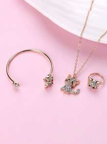 1 Stück Halskette, 1 Stück Armband, 1 Stück Ring, Studenten Katze Zinklegierung Pink Oil Drop transparentes weißes Acryl Strass vergoldetes süßes Schmuckset, geeignet für den täglichen Gebrauch
