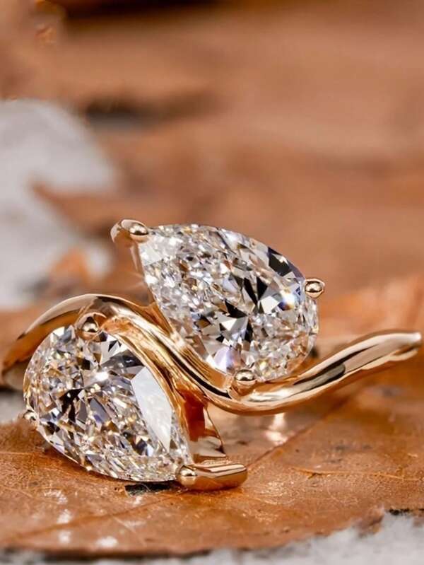 Bagues en argent sterling 925 avec zirconia blanc et plaqué or champagne - 2 gouttes d'eau. Cadeau de mariage, de fiançailles ou d'anniversaire, bijoux élégants