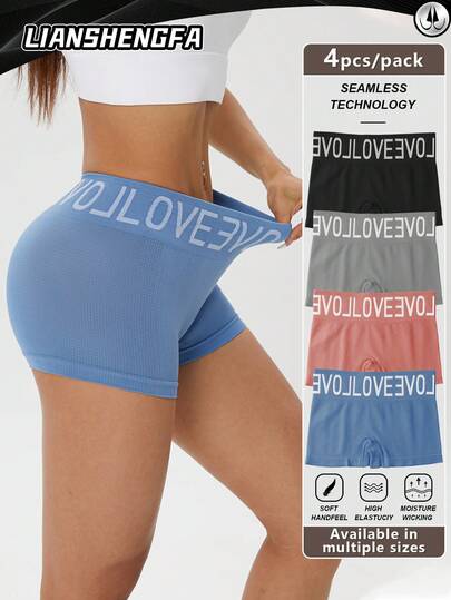 LianShengFa 4pcs Letter Waistband Seamless Mid-Waist Shaping Panties, High Elastic Breathable Mesh Fabric Women's Underwear, Comfortable Soft Fitted Ladies Briefs