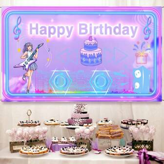 Happy Birthday Colorful Music Notes Pattern Multi-Size Horizontal Banner Background, Suitable For Birthday Party, Anniversary Photo Shoot Photography Background Cloth