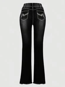 Women's Retro Black Frayed Hem Geometric Embroidery Slim-Fit Slightly Flared Jeans – Elegant Mature Style For All Seasons - 黑色 - 查看 5