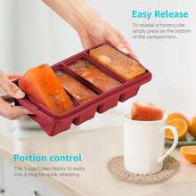 Silicone Freezer Tray With Lid - Silicone Freezer Food Molds- Large Ice Cube Tray,Silicone Freezer Container,Freeze & Store Soup, Sauce, Broth,Leftovers - Makes 4 Perfect 1 Cup - 2Pack-Red - View 2