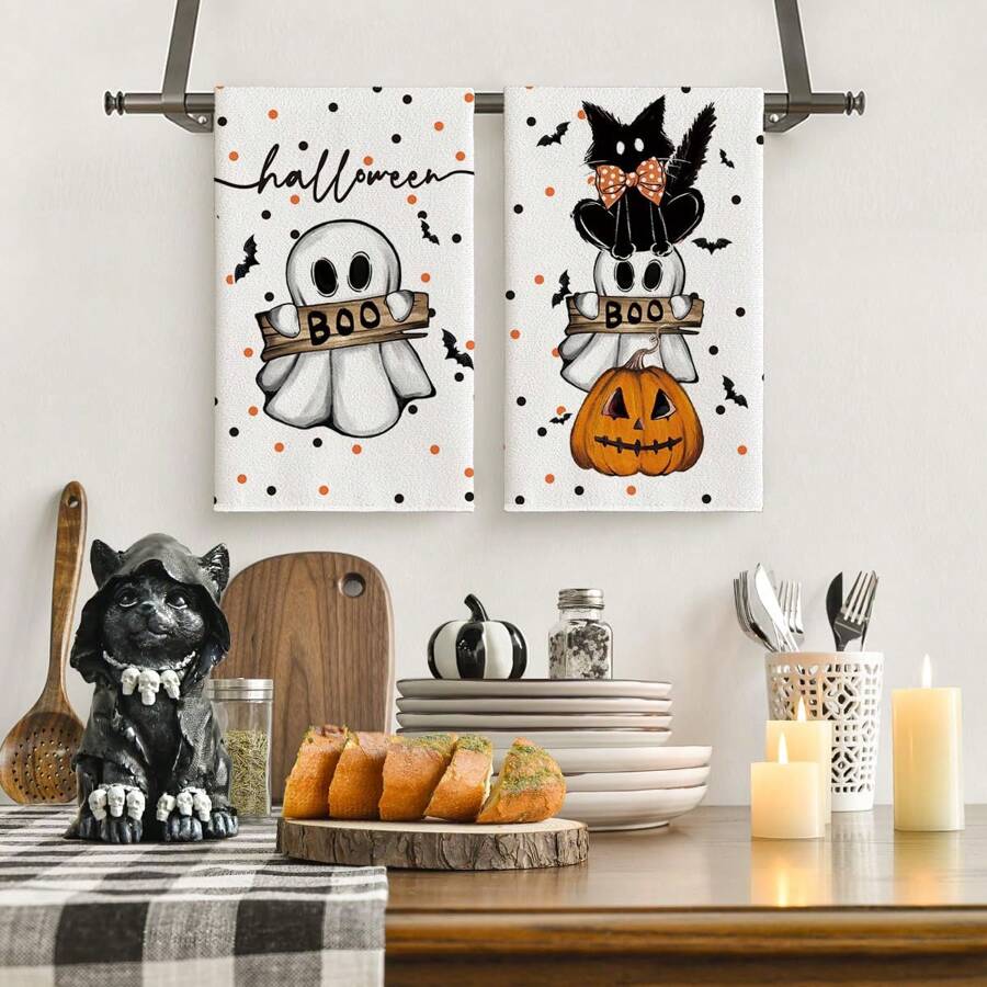 2 piezas de Toallas de cocina con motivos de calabaza y fantasma beige de Halloween, paños de cocina de otoño, toallas de mano de poliéster para la cocina, trapos de secado suaves y absorbentes, decoración para el hogar, utensilios de cocina, paños de limpieza, 40*60cm