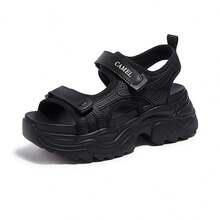 CAMEL CROWN 女士凉鞋，夏季运动老爹凉鞋，厚底增高休闲钩环沙滩鞋 - 黑色 - 查看 1