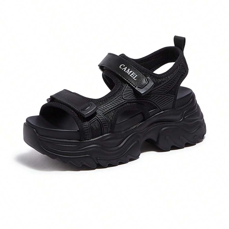 CAMEL CROWN 女士凉鞋，夏季运动老爹凉鞋，厚底增高休闲钩环沙滩鞋 - 黑色 - 查看 1