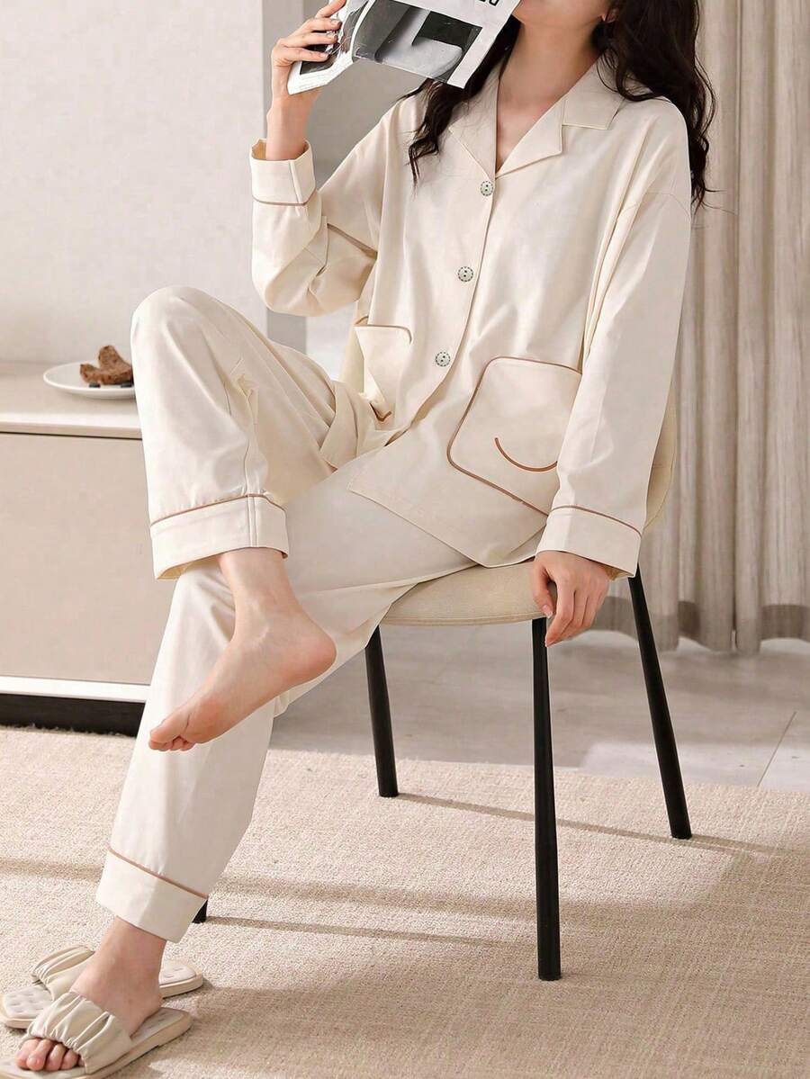 AICJ 休闲宽松条纹印花翻领睡衣套装，包括长袖上衣和长裤，适合春秋冬季保暖秋季服装