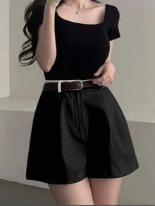 Versatile Solid Color Shorts - màu đen - Xem 2