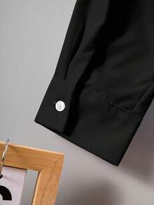 Teenagers Classic Collegiate Casual Party Pocket Patch Detail Black Formal Long Sleeve Shirt - Black - View 6