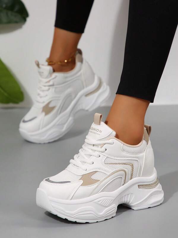 Zapatillas de cuña gruesa informales para mujer, diseño de empalme de materiales mixtos, adecuadas para oficina/uso al aire libre, para todas las estaciones