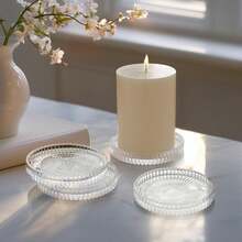 A 4-Piece Set Of Transparent Ribbed Glass Candle Trays, Suitable For Cylindrical Candles, Candles And Tea Lamps. The Candle Trays And Trays Have Raised Edges And Can Be Used As Weighted Drink Coasters, Wedding And Valentine's Day Table Center Decorations, Room Home Decorations, Coffee Coasters, Ashtrays, Festival Event Supplies, Family Gatherings, Theme Parties