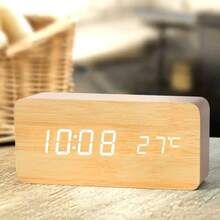 Wooden Digital Alarm Clock, LED Alarm Clock With Temperature Desk Clocks For Office,Bedside Clock