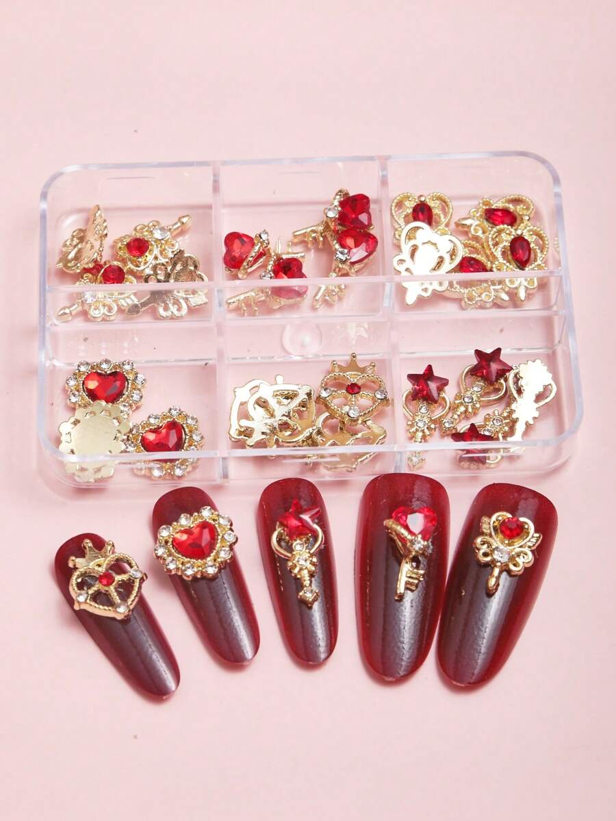 1盒30件3D美甲饰品套装金色底钉，无香DIY美甲装饰美甲用品指甲美甲宝石 - 紅色 - 查看 1