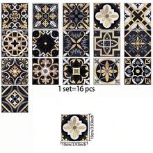 16片花卉图案仿瓷砖墙贴，2D平面奢华复古PVC自粘可移除壁纸，适用于家居、厨房、房间、墙面装饰 - 彩色 - 查看 15