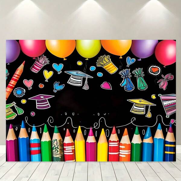1pc, Celebration Party Graduation Photography Background, Congratulating Graduates Banner, Colorful Crayon Pattern Graduation Party Decoration, Cake Table Background Decoration, Polyester Material, Home Decoration Indoor And Outdoor, Multiple Size Options, No Electricity Charge