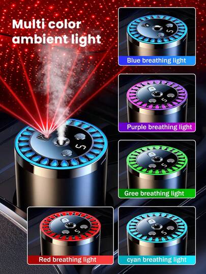Smart Car Diffuser With Star Projection Light, 5 Working Modes, USB Automatic Car Mounted Aromatherapy Machine, Mini Car Air Humidifier, Fragrant Essential Oil Diffuser, Concentration Adjustable, Automatic Start And Stop, Built-In Battery, Color LED Ring, USB Rechargeable, Suitable For Cars, Offices, Toilets, Bedrooms, Pet Rooms, 5 Kinds Of Essential Oils