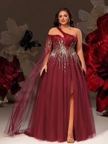 VIPGIRL Elegante vestido de noche de talla grande color borgoña con abertura alta, adornado con detalles asimétricos de lentejuelas y mangas de gasa fluidas, apropiado para fiestas elegantes, galas y ocasiones formales - Burdeos - Ver 6