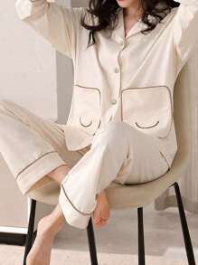 AICJ 休闲宽松条纹印花翻领睡衣套装，包括长袖上衣和长裤，适合春秋冬季保暖秋季服装