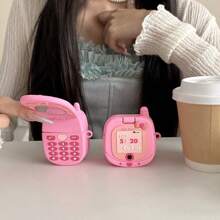 Adorable Phone Shape Earphone Case, Pink 520 Headphone Pouch, Earphone Box For Girlfriend, Silicone Shock-Proof Cover For AirPods 1/2/3/4/Pro With Mini Mirror, Gift