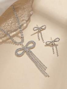 2pcs Women Elegant Necklace&Earrings Set, Double Bow Crystal Tassel Jewelry For Wedding Party,Bridal