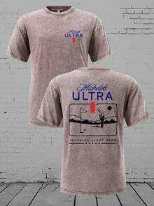 Camiseta de algodón de 230g con lavado retro, cuello de tripulación suelto, casual y transpirable, con diseño de golf de Michelob Ultra - Café integral - Ver 1