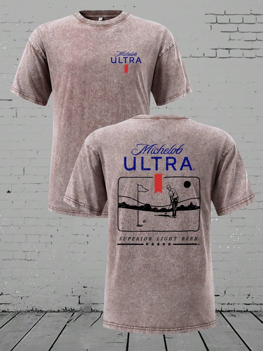 Camiseta de algodón de 230g con lavado retro, cuello de tripulación suelto, casual y transpirable, con diseño de golf de Michelob Ultra - Café integral - Ver 1