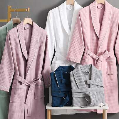 1 件华夫格浴袍，成人男女通用和服长袍，春夏浴袍，适用于酒店/SPA，吸水快干，宽松版型，多色，浴室和家居必需品