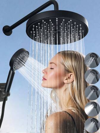 2pcs Set, 10-Inch Bathroom High Pressure Rain Shower Head, 5-Setting Handheld Shower Head With Round Rain Shower Head, Home Fixed Shower Head Set