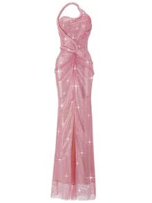 Astony One 新款性感优雅无袖亮片紧身高开衩粉色晚礼服，适合狂欢节、新年、情人节、红毯活动、单身派对、订婚及其他正式场合。 - 粉色 - 查看 2