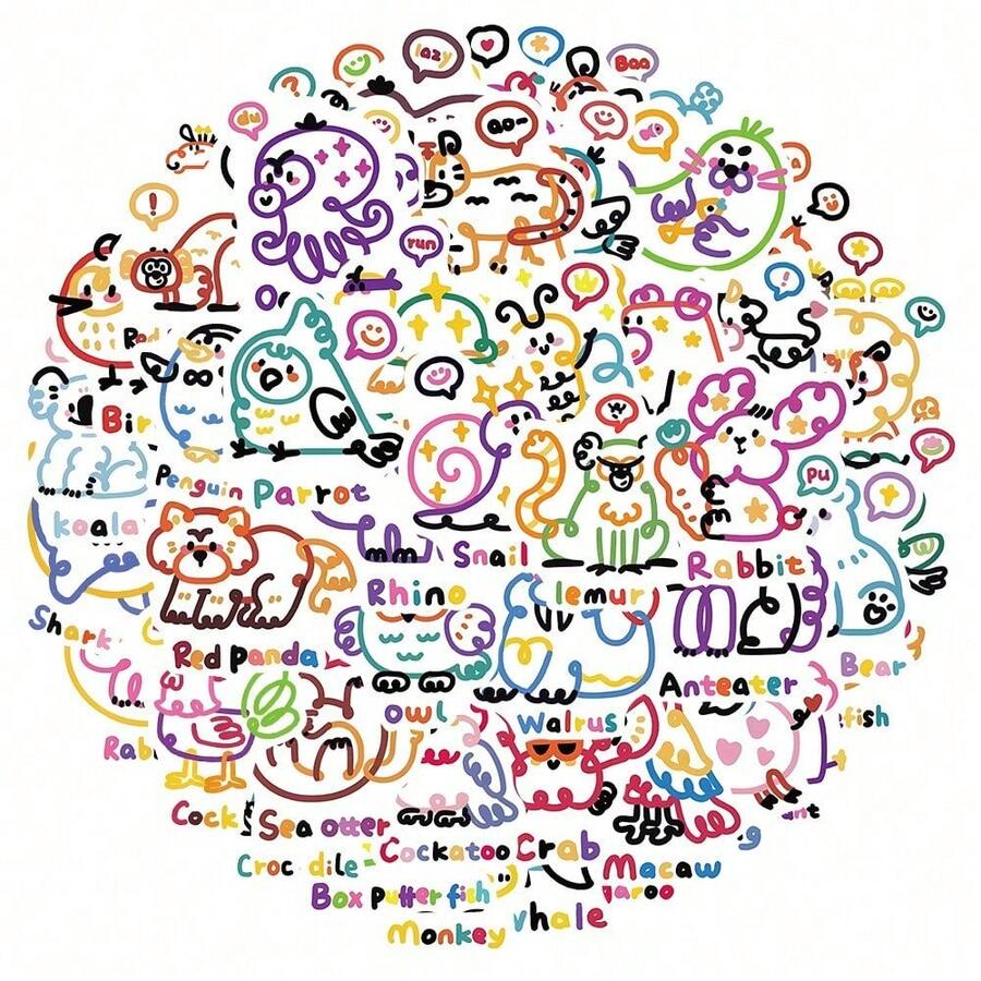 50张可爱卡通线条动物系列卡通美学涂鸦贴纸，适用于DIY水杯、手册、滑板、行李箱、头盔、自粘涂鸦贴纸学校用品、返校 - 預設 - 查看 1