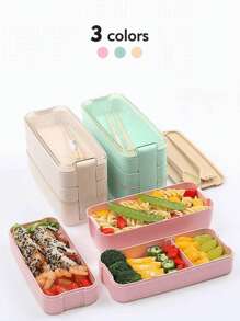 Caja de almuerzo de triple capa, 3 compartimentos, apta para microondas y lavavajillas, apilable, incluye tenedor y cuchara