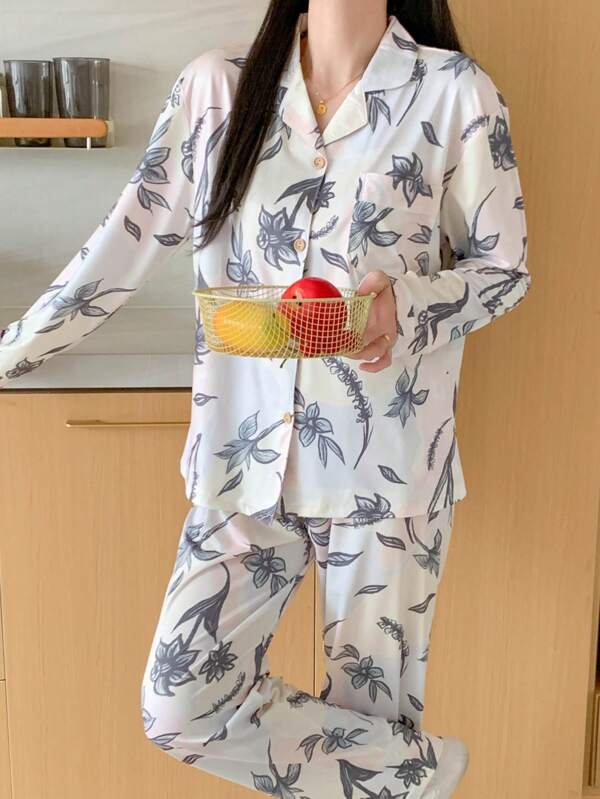 Set de 2 piezas de pijama y ropa de estar en casa con estampado floral para mujeres, apto para el hogar