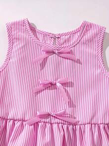 2 Piezas Conjunto de Fiesta y Verano: Parte superior con cuello redondo a rayas, volantes y lazo + Pantalones cortos a rayas con cordón y decoración de mariposa, adecuado para uso en exteriores - Rosa - Ver 4
