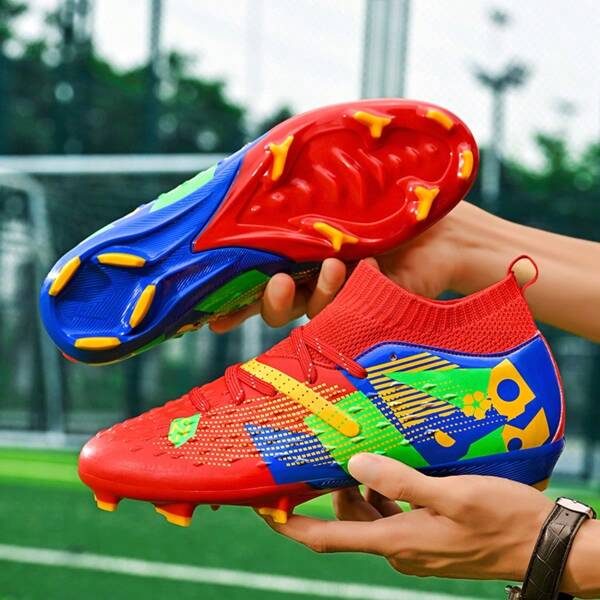 Tacos de fútbol para exterior, zapatos para partido de fútbol, estilo deportivo, antideslizante y duradero, diseño de tacos FG, parte superior de piel de PU, combinación de colores elegante, suela de TPU, uso profesional en partidos, adecuado para campos con barro y césped corto