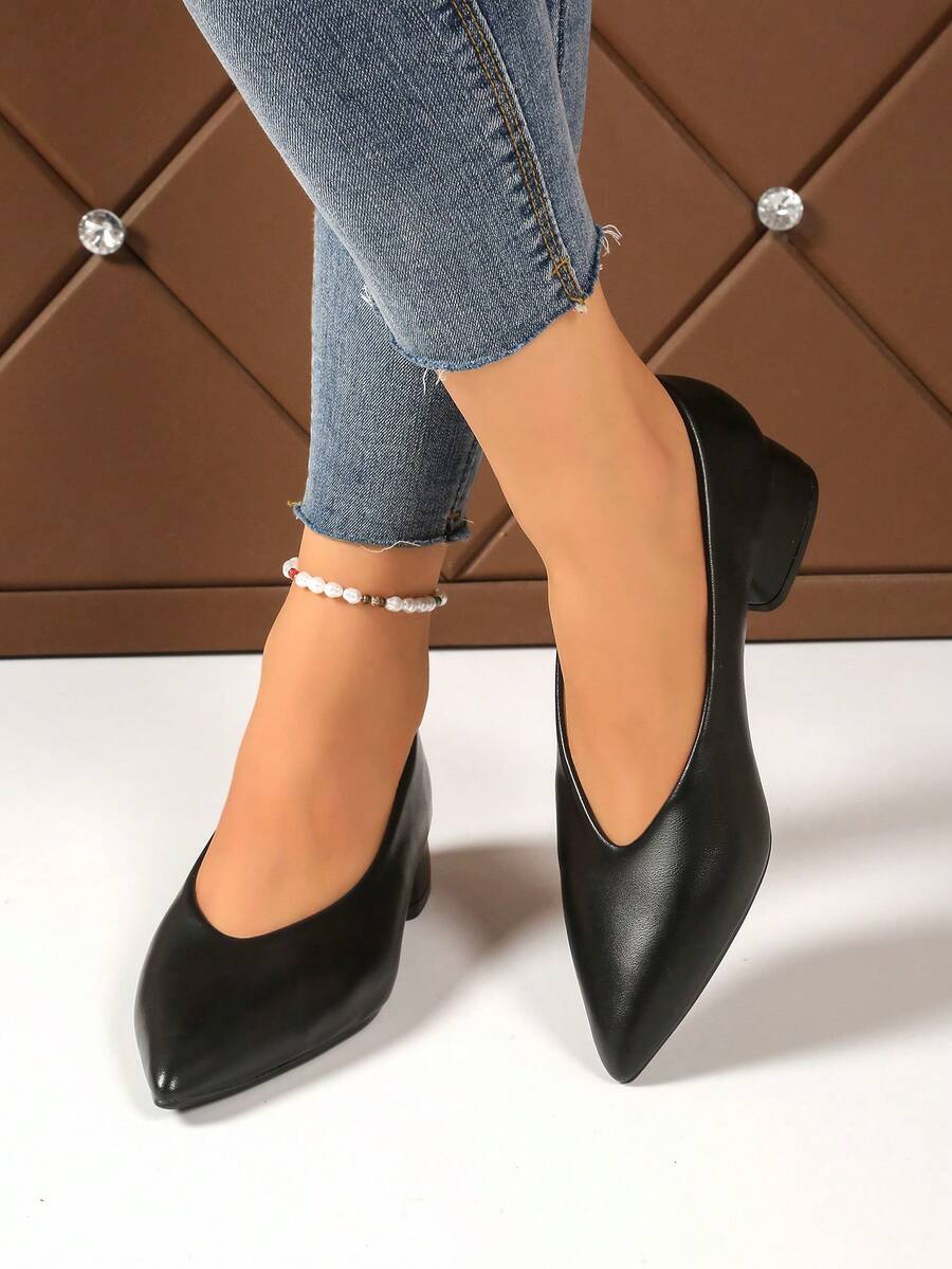 Women Solid Color Chunky Heel Pumps, Elegant Basic Business Chic Office & Wedding Shoes, Spring/Summer/Autumn - Black - View 1