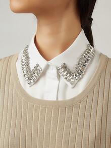 1 Pc High Quality Luxurious Sparkling Rhinestone Detachable Collar, Versatile Solid Color Elegant Polyester Collar, Suitable For Autumn/Winter - White - View 1