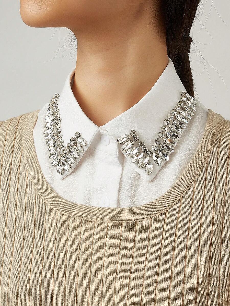 1 Pc High Quality Luxurious Sparkling Rhinestone Detachable Collar, Versatile Solid Color Elegant Polyester Collar, Suitable For Autumn/Winter - White - View 1