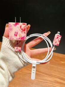 Modische pinke Soda-Flasche & Meeresbewohner-Muster Ladekabel-Schutzcase mit Kabelaufroller, TPU Datenkabel-Schutz kompatibel mit iPhone 16/15, 14 Pro Max, 13, 12, 11 Ladezubehör, Handyzubehör