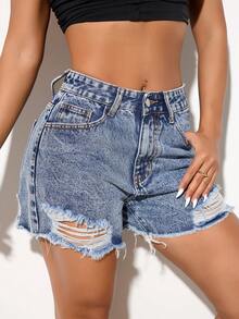 ICON Women'S Spring And Summer Slant Pocket Non Elastic Punch Washed Denim Shorts - Baby Blue - View 5