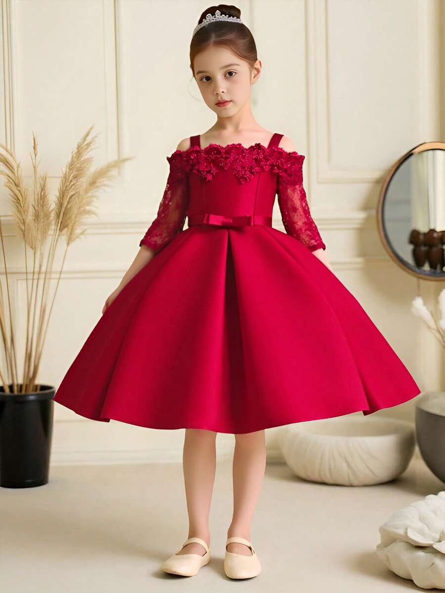 Elegant Satin Lace Waist Bow Decor Dress For Young Girls, Suitable For Birthday Party, Excluding Headband