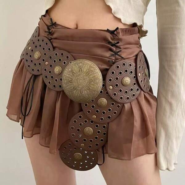 1pc Women's Coffee Brown PU Leather Western Hollow Metallic Eyelets Round Waist Belt