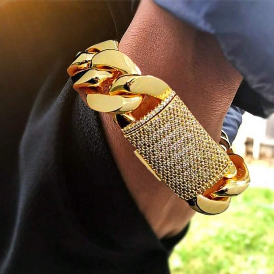 putouzip 1pcs 20mm Chunky Curb Link Chain Bracelet For Men 18K Golden Plated Stainless Steel Chain Cut Faux Diamond Bangle Bracelets Hip Hop Jewelry - Vòng tay vàng 20mm - Xem 1