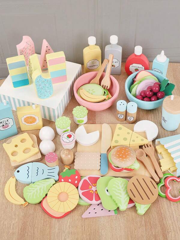 1 Set de juguete de casa de madera, juego de simulación, Set alimenticio para niños pequeños mayores de 3 años - 16 piezas de juguetes de estilo americano para frutas, verduras y aperitivos, juegos de roles de cocina Montessori, regalos educativos para fiestas de cumpleaños