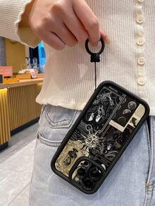 1 件相机镜头保护骷髅太阳神图案手机壳，带挂绳和指环支架，适用于 Apple 11 Pro Max/12 Pro Max/13 Pro Max/14 Pro Max/15 Pro Max/16 Plus/16 Pro Max、Redmi、OPPO/Realme、VIVO、Infinix、Honor、MOTO、One Plus - 黑色 - 查看 3