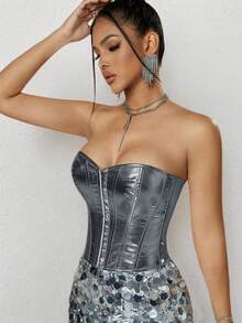 Rave Punk metallisches silbernes Haken und Öse Schnürung rückenfrei PU Leder Korsage Formwäsche Crop Clubwear Tube Top