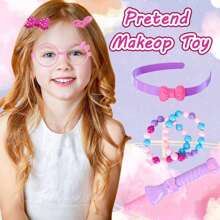 1 Set Kids Pretend Makeup Toys, 20Pcs Pink Fake Makeup & Hair Play Kit For Girls, Ideal Birthday Gift (Not Real Makeup) With Hairdryer, Bracelet, Mirror, Bag, Perfume Bottle, Curling Iron, Glasses (Some Accessories Color Random)