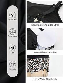 Tankini de talla grande para mujer con parte superior estampada a rayas y tirantes, con shorts, conjunto de dos piezas de traje de baño - Leopardo - Ver 5