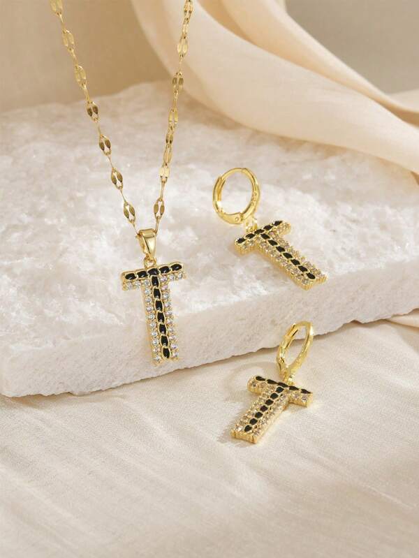 1pc Women Stainless Steel Rhinestone Letter Necklace, 1 Pair Rhinestone Letter Women Earrings