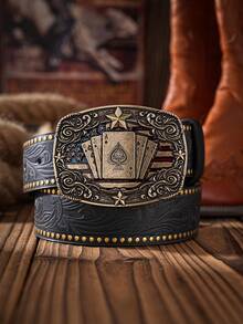 1pc Boho Western Cowboy Style Poker Embossed Metal Buckle Vintage Dark Brown PU Leather Belt Summer, School Casual, Business, Boyfriend Husband Father Dad Men Gift, Daily Wear, Fashion, Teen, Outdoor, Vacation, Athletic, Travel, Street, Boho, Vintage Fall, Autumn, Halloween Autumn-Winter Accessories,Suitable For Teens, Youth,Men,Casual, Outdoor, Athletic, Vacation, Graduation Gifts, Birthday, Daily Wear - As Shown - View 31